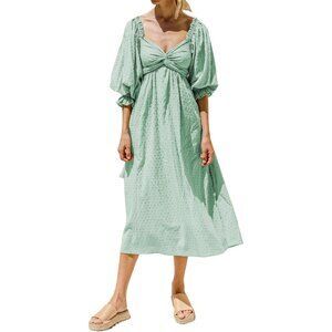 Women's Cotton Boho Midi Dress Flowy A-Line Puff Sleeve Vacation Casual